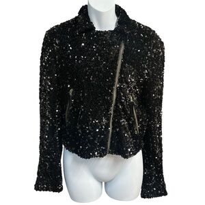 Maeve Anthropologie Jacket Womens XS Black Sequin Moto Zip Up Glam Biker Bling